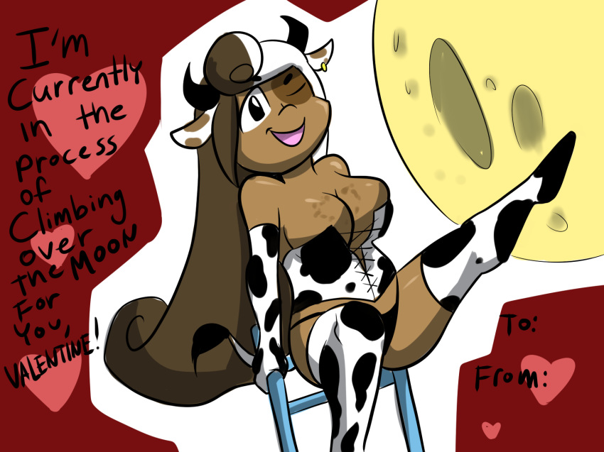 &lt;3 4:3 anaugi animal_humanoid armwear big_breasts bovine breasts brown_hair chair cleavage clothed clothing corset cow_humanoid dark_skin ear_piercing elbow_gloves english_text female gloves hair holidays horn humanoid klara_(monster_girl_gamu) legwear lingerie mammal monster_girl_gamu multicolored_hair one_eye_closed piercing smile solo stockings text two_tone_hair valentine's_day white_hair