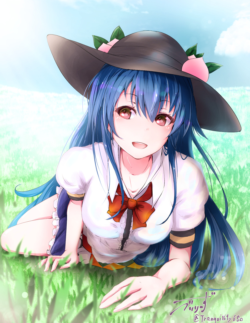 :d baileys_(tranquillity650) black_hat blouse blue_hair blue_skirt blue_sky bow bowtie day food fruit grass hat highres hinanawi_tenshi long_hair looking_at_viewer lying on_stomach open_mouth outdoors peach puffy_short_sleeves puffy_sleeves red_bow red_eyes red_neckwear shirt short_sleeves signature skirt sky smile solo touhou white_shirt