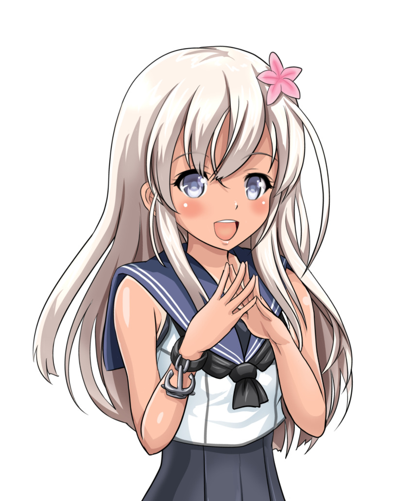 :d anchor blue_eyes flower hair_flower hair_ornament highres kantai_collection long_hair looking_at_viewer one-piece_swimsuit open_mouth remodel_(kantai_collection) ro-500_(kantai_collection) school_swimsuit school_uniform serafuku silver_hair simple_background smile solo swimsuit swimsuit_under_clothes tan tanline tk8d32 white_background wristband