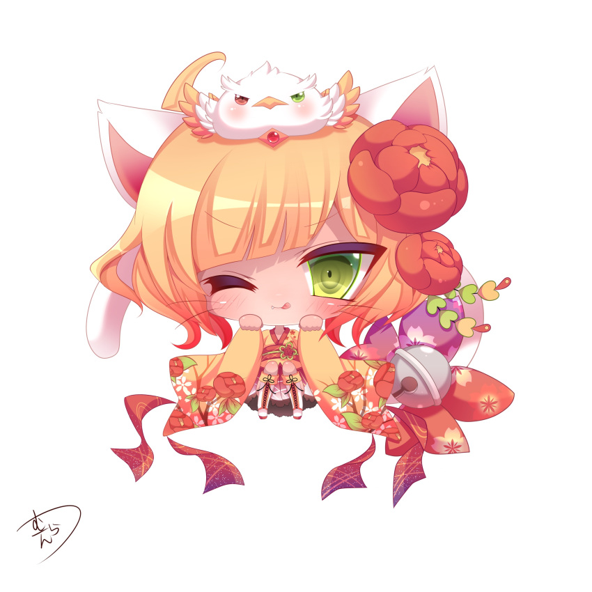 ;d absurdres ahoge animal animal_ears animal_on_head bad_id bad_pixiv_id bangs bell big_head bird bird_on_head blonde_hair blush boots bow cat_ears cat_girl cat_tail charlotte_(shironeko_project) chibi closed_mouth commentary_request cross-laced_footwear diagonal_bangs eyebrows_visible_through_hair fang fang_out floral_print flower gradient_hair green_eyes hair_flower hair_ornament heterochromia highres japanese_clothes jingle_bell kimono knee_boots lace-up_boots long_sleeves looking_at_viewer multicolored_hair muuran obi on_head one_eye_closed open_mouth orange_kimono pleated_skirt print_bow print_kimono purple_bow red_bow red_eyes red_flower red_hair red_skirt sash shironeko_project short_kimono sitting skirt smile solo tail tail_bell tail_bow whiskers white_footwear wide_sleeves
