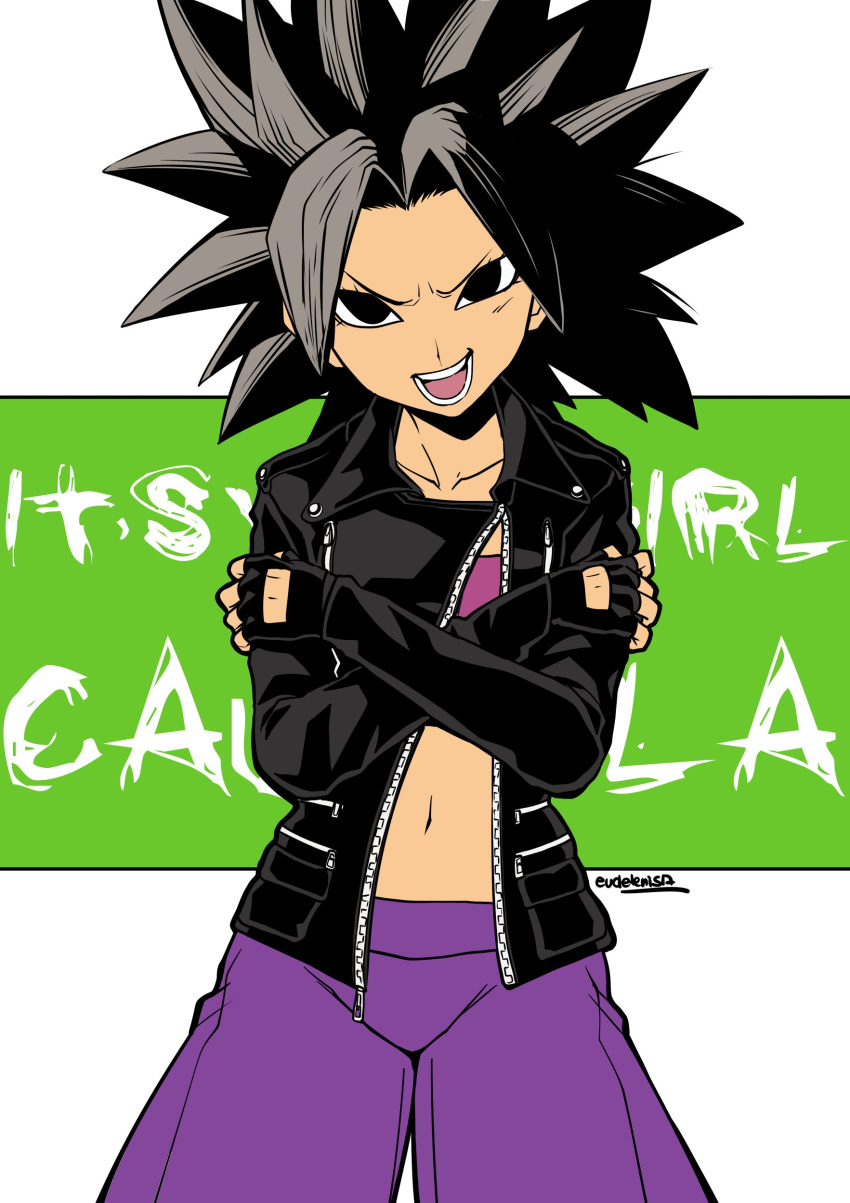 absurdres artist_name black_eyes black_gloves black_hair black_jacket caulifla commentary commission cowboy_shot crossed_arms dragon_ball dragon_ball_super english english_commentary eudetenis fingerless_gloves gloves highres jacket leather leather_jacket looking_at_viewer midriff navel open_clothes open_jacket open_mouth signature solo spiked_hair zipper