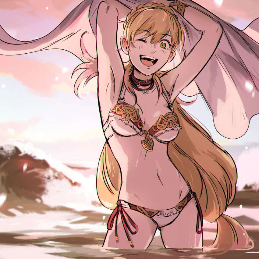 ;d absurdres adapted_costume armpits arms_up bikini blonde_hair braid breasts cleavage cloud cloudy_sky fire_emblem fire_emblem_heroes green_eyes highres katy_ho long_hair looking_at_viewer medium_breasts navel ocean one_eye_closed open_mouth petals sharena side-tie_bikini sky smile solo swimsuit wading
