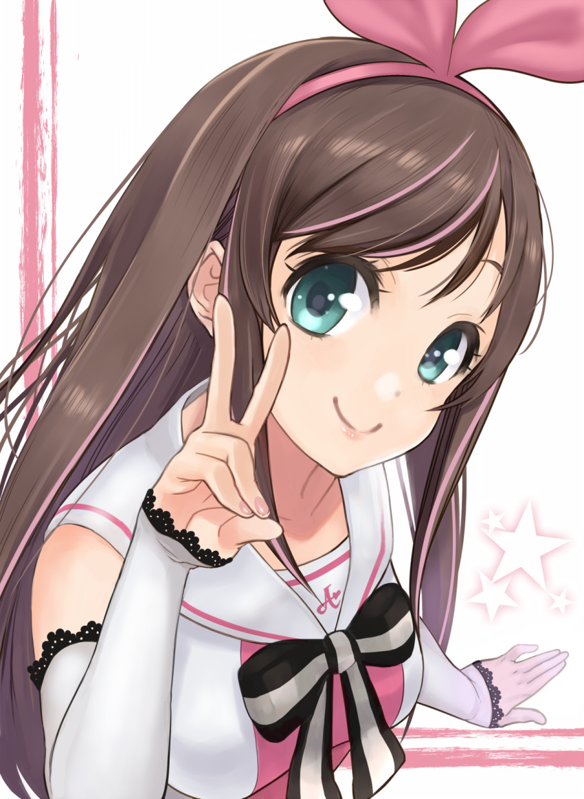a.i._channel aqua_eyes bangs bare_shoulders bow bowtie breasts brown_hair closed_mouth collarbone detached_sleeves eyebrows eyelashes hairband hand_up heart highres kizuna_ai lace lace-trimmed_sleeves lace_trim lips long_hair long_sleeves looking_at_viewer medium_breasts multicolored_hair pink_hair pink_hairband pink_lips pink_ribbon ribbon sailor_collar school_uniform serafuku shirt sleeveless sleeveless_shirt sleeves_past_wrists smile solo soranaka_ame star straight_hair streaked_hair striped striped_neckwear two-tone_hair upper_body v virtual_youtuber white_sailor_collar