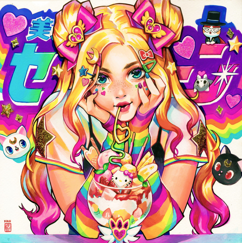 artemis_(sailor_moon) bishoujo_senshi_sailor_moon blonde_hair blue_eyes blush bow cameo chin_rest colorful commentary cosplay crazy_straw detached_sleeves double_bun drinking_straw english_commentary eyebrows facial_tattoo food freckles hair_bow hair_ornament hairclip heart_straw hello_kitty highres ice_cream lips long_hair looking_at_viewer luna_(sailor_moon) multicolored multicolored_stripes nail_polish parfait pink_bow rainbow rian_gonzales shirt solo star star_hair_ornament star_tattoo striped striped_sleeves t-shirt tattoo traditional_media tsukino_usagi tuxedo_kamen tuxedo_kamen_(cosplay) two_side_up
