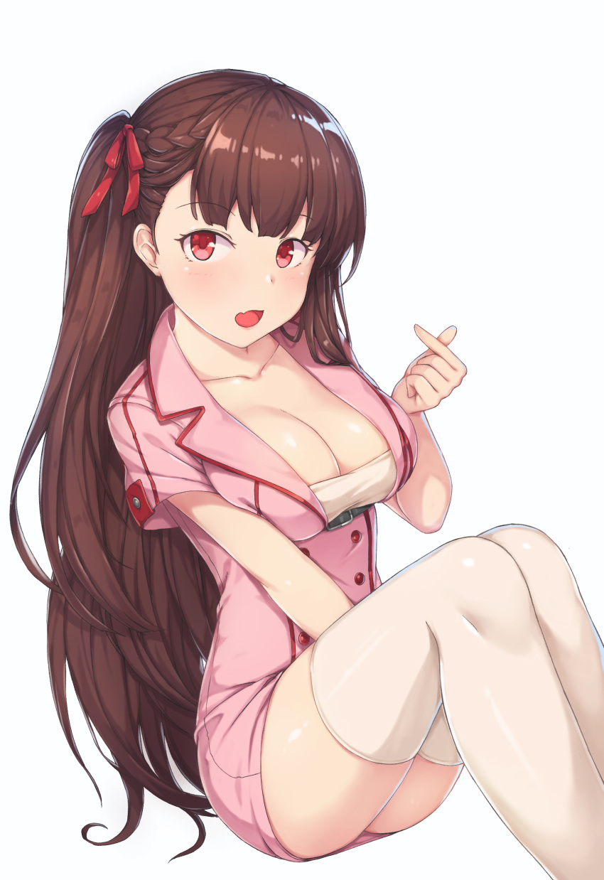 :o absurdres alternate_costume bangs blunt_bangs braid breasts brown_hair cleavage collarbone double-breasted dress eyebrows_visible_through_hair feet_out_of_frame french_braid girls_frontline hair_ribbon hallohi hand_up highres invisible_chair knees_together_feet_apart knees_up large_breasts long_hair looking_at_viewer nurse one_side_up open_mouth pink_dress red_eyes red_ribbon ribbon shiny shiny_hair shiny_legwear shiny_skin short_dress short_sleeves simple_background sitting solo straight_hair underbust very_long_hair wa2000_(girls_frontline) white_background white_legwear