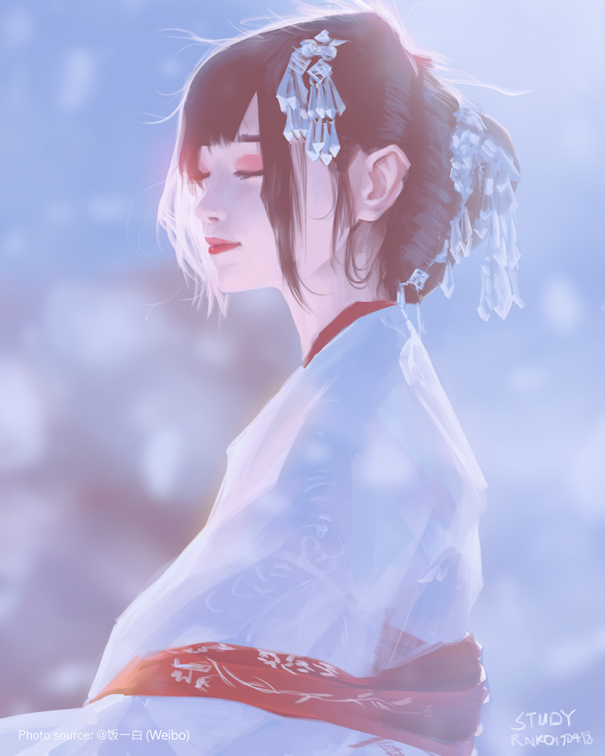 black_hair blurry blurry_background chinese_clothes closed_eyes closed_mouth dated hair_ornament hanfu highres lips lipstick makeup original profile raikoart short_hair signature snowflakes solo wind