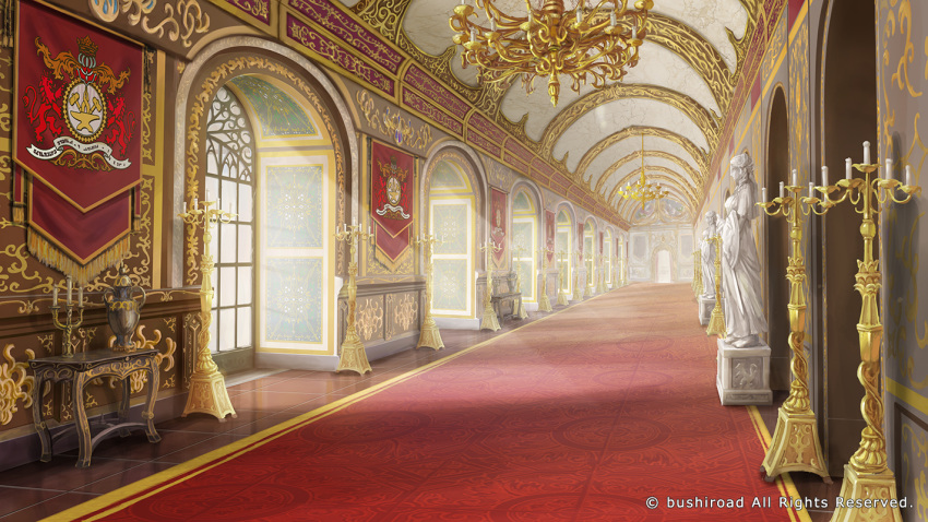 candle candlestand ceiling chandelier company_name fantasy granadia_saga hallway indoors light_rays no_humans official_art palace red_carpet scenery shiki_makoto statue sunbeam sunlight table tapestry tile_floor tiles urn vanishing_point watermark