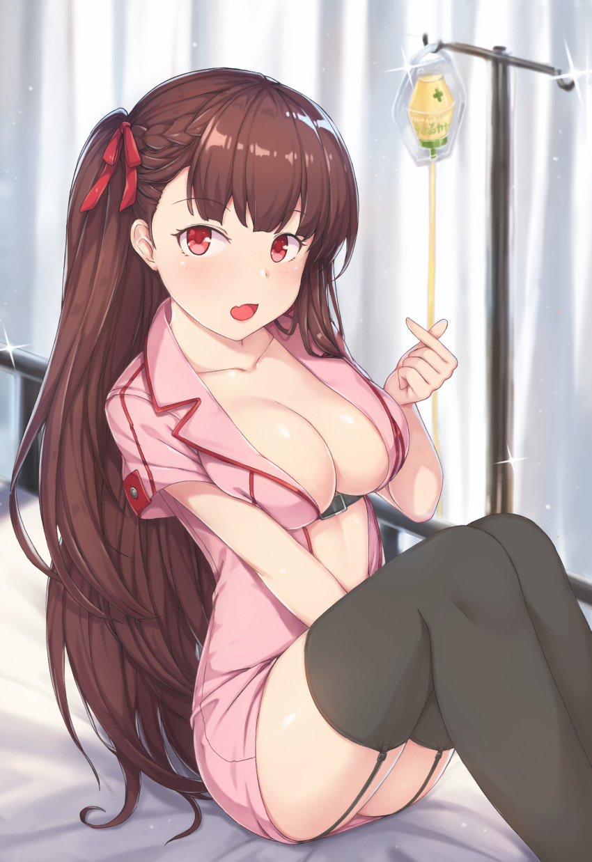 :o absurdres alternate_costume bangs black_legwear blunt_bangs braid breasts brown_hair center_opening cleavage collarbone curtains dress eyebrows_visible_through_hair feet_out_of_frame french_braid girls_frontline glint hair_ribbon hallohi hand_up highres indoors intravenous_drip knees_together_feet_apart knees_up large_breasts long_hair looking_at_viewer nurse on_bed one_side_up open_mouth pink_dress red_eyes red_ribbon ribbon shiny shiny_hair shiny_skin short_dress short_sleeves sitting solo straight_hair underbust very_long_hair wa2000_(girls_frontline)
