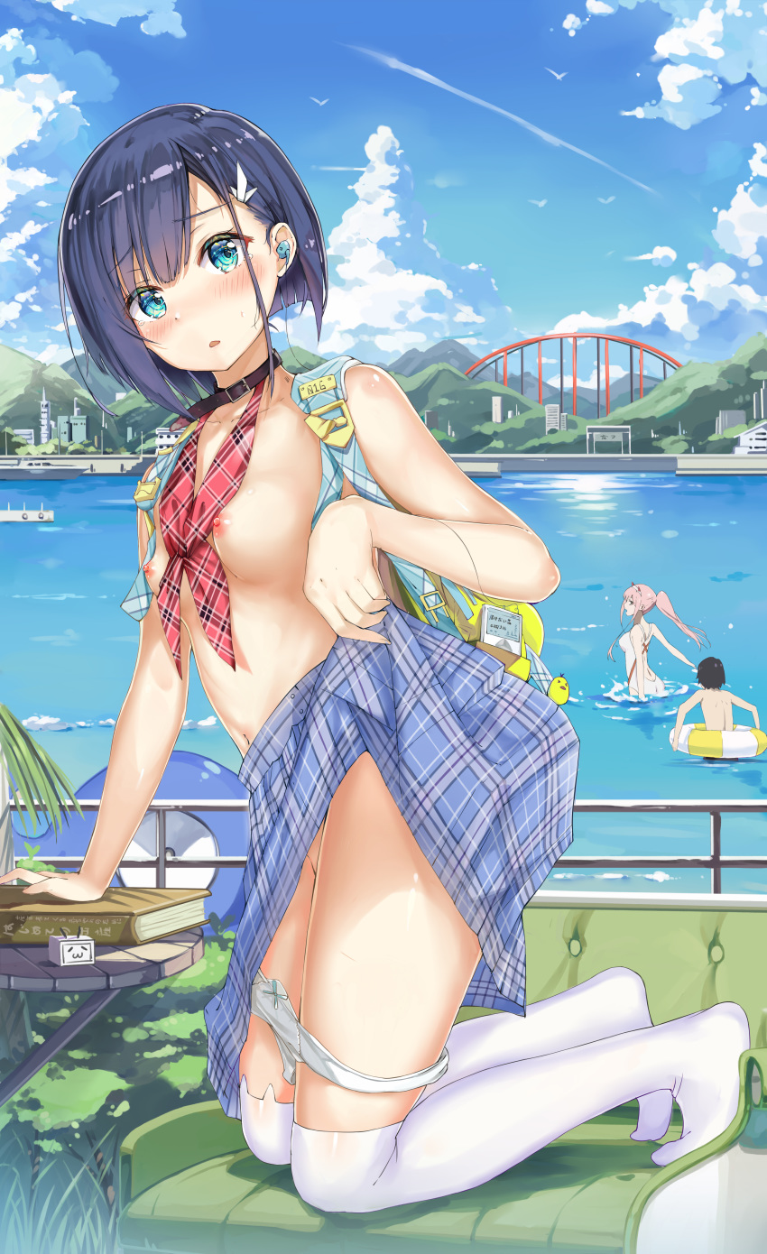 2girls absurdres aqua_eyes araragikoyomis backpack bag blue_hair blush book bow breasts checkered checkered_neckwear checkered_skirt choker cloud cloudy_sky collar commentary_request darling_in_the_franxx day digital_media_player earphones eyebrows_visible_through_hair green_eyes hair_between_eyes hair_ornament hairband hairclip highres hiro_(darling_in_the_franxx) horns ichigo_(darling_in_the_franxx) kneeling landscape lifted_by_self looking_at_viewer multiple_girls nipples no_shoes ocean panties panty_pull pink_hair ponytail short_hair skirt skirt_lift sky small_breasts swimming swimsuit table thighhighs underwear white_hairband white_legwear white_swimsuit zero_two_(darling_in_the_franxx)