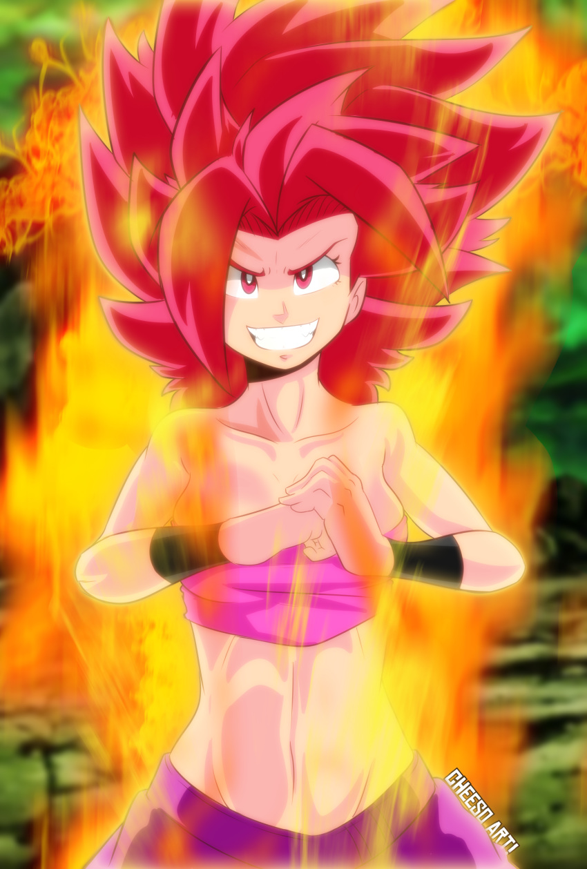 1girl caulifla cheesoart dragon_ball dragon_ball_super female looking_at_viewer red_eyes red_hair saiyan smile solo spiked_hair super_saiyan super_saiyan_god tomboy