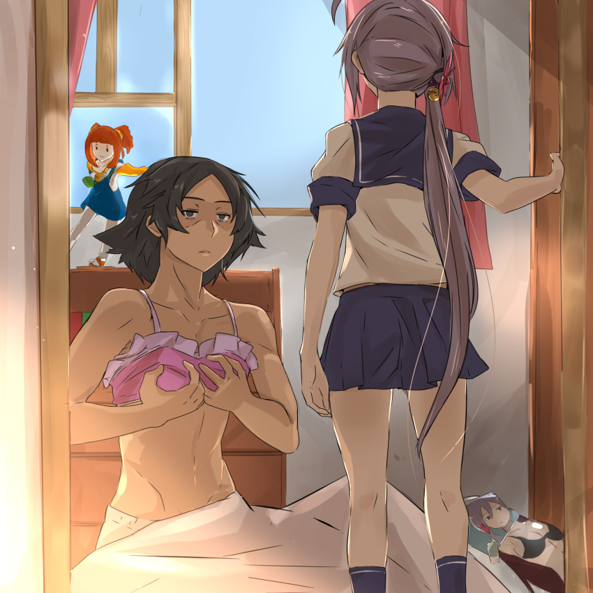 1girl admiral_(kantai_collection) akebono_(kantai_collection) androgynous arm_at_side bell black_eyes black_hair cafekun commentary crossdressing dakimakura_(object) expressionless flower from_behind hair_bell hair_flower hair_ornament highres idolmaster idolmaster_(classic) indoors jingle_bell kantai_collection kimi_no_na_wa long_hair looking_at_another parody pervert photo_(object) pillow purple_hair school_uniform self_fondle serafuku short_sleeves side_ponytail skirt standing takatsuki_yayoi very_long_hair walk-in window