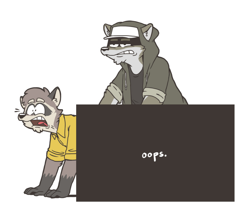 andy_(heyitscousindave) anthro april_fools canine censored clothed clothing cousin_dave duo english_text hat heyitscousindave hoodie humor male male/male mammal oops open_mouth procyonid raccoon simple_background suggestive text white_background wide_eyed wolf