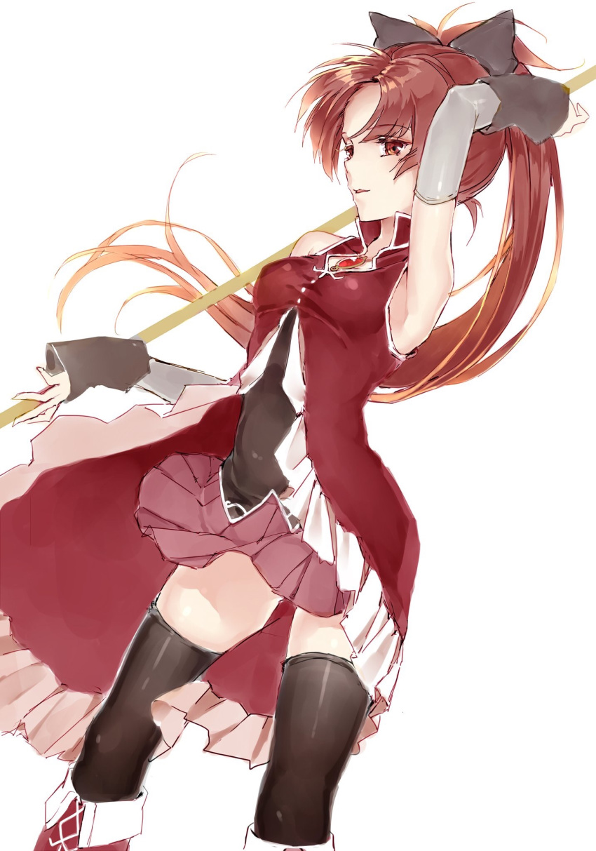 arm_up armpits ass_visible_through_thighs black_bow black_legwear boots bow breasts brown_eyes brown_hair detached_sleeves eyebrows_visible_through_hair floating_hair hair_bow high_ponytail highres holding holding_weapon jiinyo_(awamoe1207) long_hair magical_girl mahou_shoujo_madoka_magica miniskirt pink_skirt pleated_skirt polearm red_footwear sakura_kyouko shiny shiny_clothes simple_background sketch skirt small_breasts solo thighhighs very_long_hair weapon white_background zettai_ryouiki