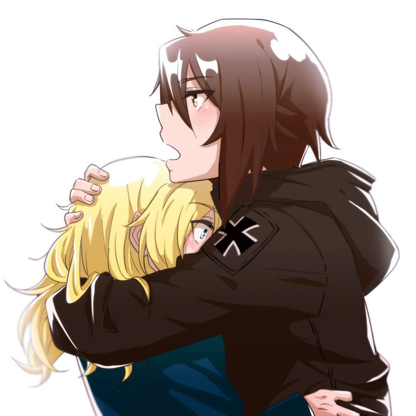 alternate_hairstyle bangs black_coat blonde_hair blue_coat blue_eyes blush brown_eyes brown_hair chinese_commentary commentary darjeeling emblem eyebrows_visible_through_hair girls_und_panzer hair_down highres hooded_coat hug lamen3000 long_hair multiple_girls nishizumi_maho open_mouth short_hair simple_background standing upper_body white_background