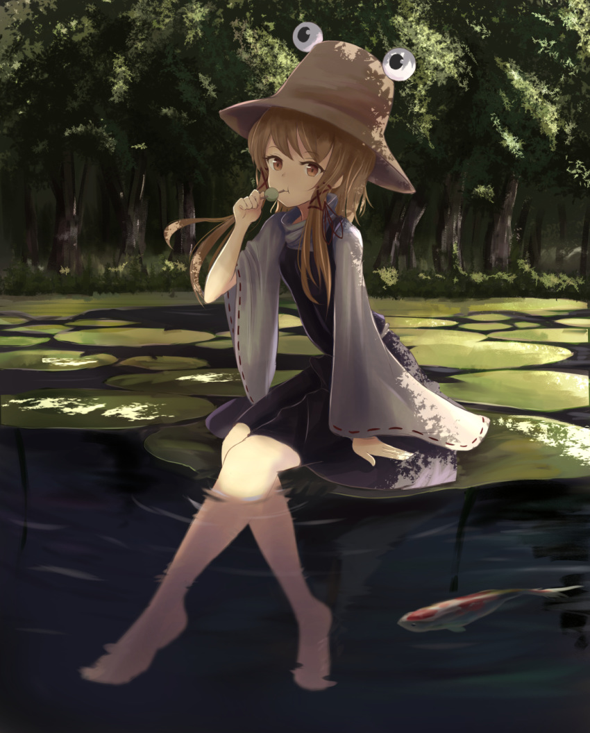 :t arm_support bangs barefoot breasts bush closed_mouth commentary_request dango day eating eyebrows_visible_through_hair eyelashes feet food forest full_body hat highres holding holding_food koi leaning_forward light_brown_eyes light_brown_hair lily_pad long_sleeves looking_at_viewer medium_hair moriya_suwako nature outdoors pond purple_skirt purple_vest ribbon-trimmed_sleeves ribbon_trim shadow shirt sidelocks sitting skirt small_breasts soaking_feet solo swept_bangs touhou tree turtleneck vest wagashi white_shirt wide_sleeves yukitourou