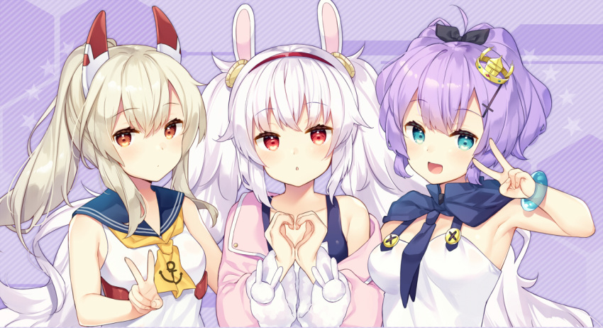 :d :o anchor_symbol animal_ears ascot ayanami_(azur_lane) azur_lane bangs bare_shoulders bekotarou black_ribbon blue_eyes blue_sailor_collar breasts brown_eyes bunny_ears camisole closed_mouth collarbone commentary_request crown eyebrows_visible_through_hair hair_between_eyes hair_ornament hair_ribbon hairband hand_up hands_up headgear heart heart_hands jacket javelin_(azur_lane) laffey_(azur_lane) light_brown_hair long_hair long_sleeves medium_breasts mini_crown multiple_girls off_shoulder open_mouth parted_lips pink_jacket ponytail print_neckwear purple_hair red_eyes red_hairband ribbon sailor_collar school_uniform serafuku shirt silver_hair sleeveless sleeveless_shirt smile star twintails v very_long_hair white_camisole white_shirt yellow_neckwear