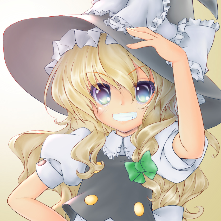 :d arm_up bad_id bad_pixiv_id black_eyes black_hat black_vest blonde_hair bow braid buttons collared_shirt commentary_request eyebrows_visible_through_hair eyes_visible_through_hair fingernails frilled_bow frilled_shirt_collar frills gotou_nao gradient gradient_background green_ribbon grin hair_ribbon hand_on_headwear hat hat_bow highres ijoan kirisame_marisa long_hair looking_at_viewer nose open_mouth parted_lips ribbon shirt side_braid single_braid smile solo tan_background touhou upper_body vest white_background white_bow white_shirt witch_hat