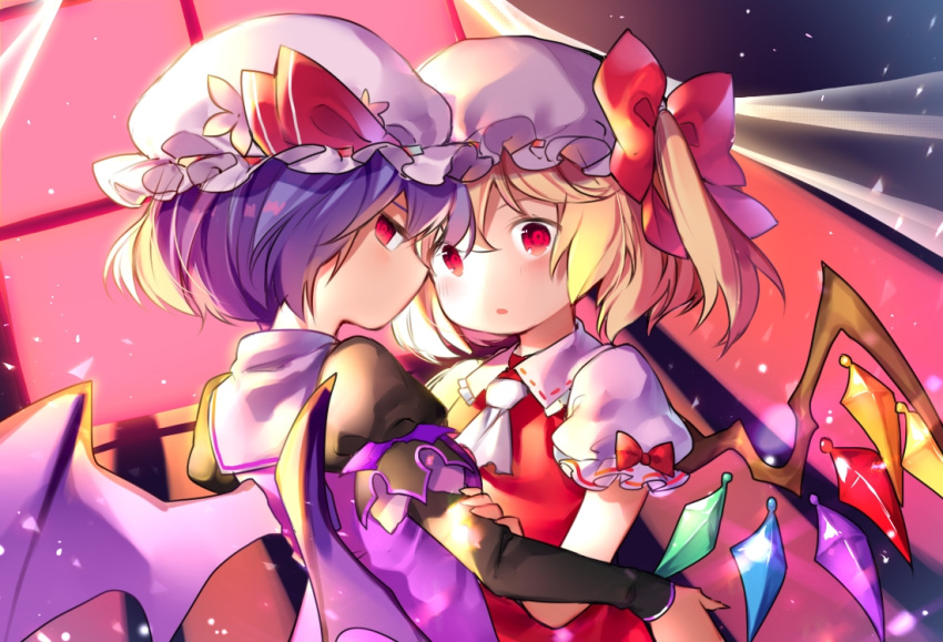 ascot bat_wings blonde_hair blue_hair bow curtains flandre_scarlet gamathx hat hat_bow indoors looking_at_viewer mob_cap multiple_girls puffy_short_sleeves puffy_sleeves red_bow red_eyes remilia_scarlet short_hair short_sleeves siblings sisters touhou upper_body vest white_hat white_neckwear wind window wings