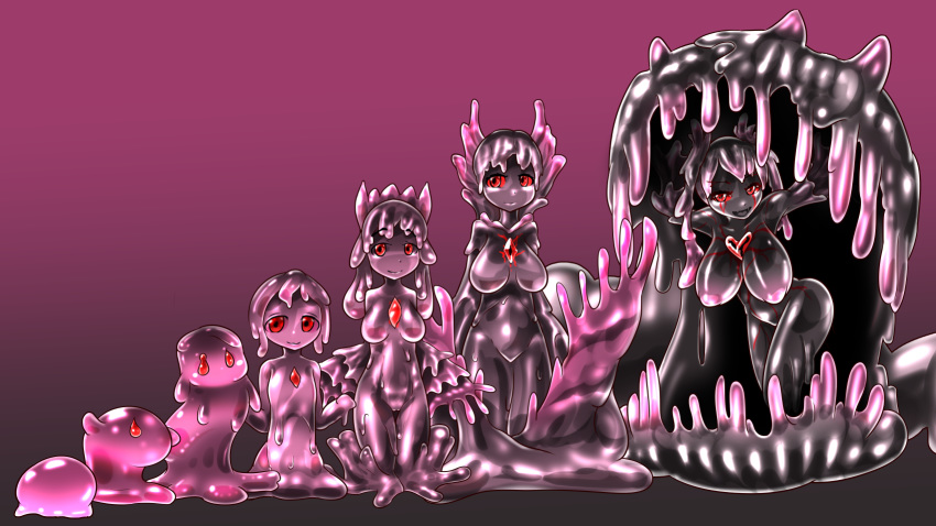 1girl blob breasts comparison flat_chest growth heart large_breasts looking_at_viewer medium_breasts monster_girl red_eyes slime_core slime_girl small_breasts