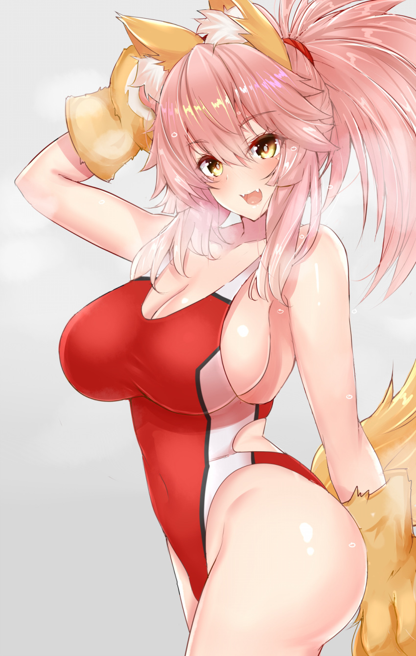 animal_ear_fluff animal_ears breasts breath cleavage competition_swimsuit covered_navel cowboy_shot fangs fate/extra fate/grand_order fate_(series) fox_ears fox_tail gloves grey_background highres large_breasts looking_at_viewer one-piece_swimsuit open_mouth paw_gloves paws pink_hair red_swimsuit sankakusui simple_background smile solo swimsuit tail tamamo_(fate)_(all) tamamo_cat_(fate)