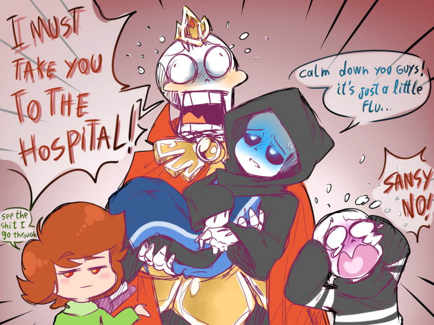 4:3 alternate_universe altertale ambiguous_gender bone chara_(undertale) clothed clothing crown crying dialogue gaster group hoodie human humanoid ill male mammal papyrus_(undertale) protagonist_(undertale) robe sans_(undertale) skeleton sweater tears thegreatrouge undead undertale video_games