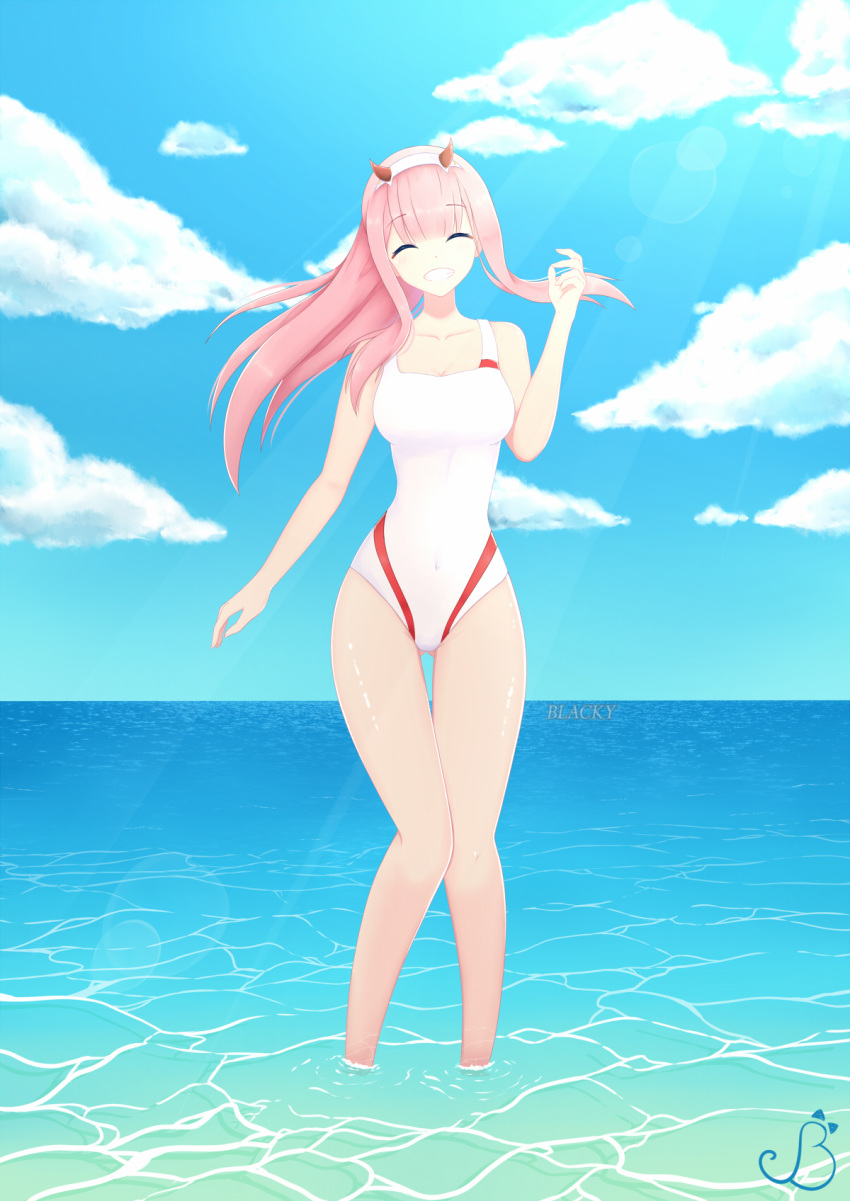 artist_name blacky_xiii closed_eyes cloud cloudy_sky collarbone commentary darling_in_the_franxx day eyebrows_visible_through_hair hairband highres horns long_hair ocean pink_hair sky smile solo swimsuit white_hairband white_swimsuit zero_two_(darling_in_the_franxx)