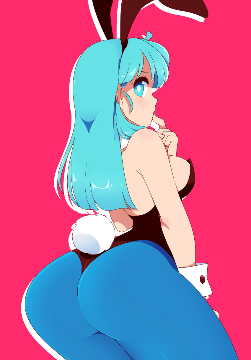 5_fingers absurd_res ahoge armwear big_butt blue_eyes blue_hair bulma_brief bunny_costume butt butt_focus butt_pose clothing cosplay costume doopiedoover dragon_ball fake_ears fake_rabbit_ears female gradient_background hair hi_res human human_only legwear leotard long_hair looking_at_viewer looking_back mammal nervous not_furry pink_background presenting presenting_hindquarters rabbit_tail simple_background solo white_pupils