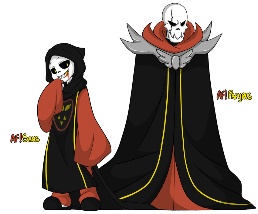 alternate_universe altertale animated_skeleton blood bone cape clothed clothing duo friisans gold_(metal) gold_tooth hood male not_furry papyrus_(undertale) robe sans_(undertale) simple_background skeleton skull undead underfell undertale video_games white_background