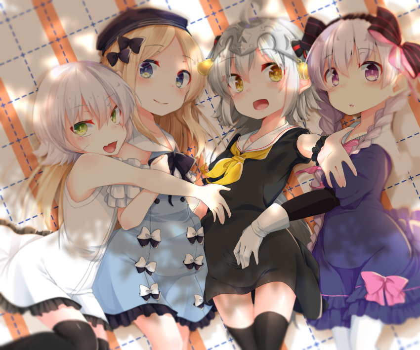 abigail_williams_(fate/grand_order) ahoge bangs black_bow black_dress black_hat black_legwear black_neckwear black_ribbon blonde_hair blue_dress blush bow braid commentary_request dress eyebrows_visible_through_hair facial_scar fate/grand_order fate_(series) gloves green_eyes hair_between_eyes hair_bow hair_ornament hat headpiece highres jack_the_ripper_(fate/apocrypha) jeanne_d'arc_(fate)_(all) jeanne_d'arc_alter_santa_lily long_hair looking_at_viewer lying multiple_girls neck_ribbon neckerchief nursery_rhyme_(fate/extra) on_back on_side open_mouth pantyhose pink_bow purple_eyes ribbon sailor_collar scar scar_across_eye scar_on_cheek shimotsuki_kagari shiny shiny_skin short_dress short_hair sleeveless sleeveless_dress smile thighhighs tied_hair twin_braids white_dress white_gloves white_legwear yellow_eyes yellow_neckwear zettai_ryouiki