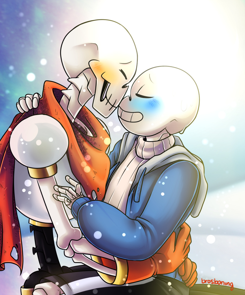 2016 animated_skeleton blush bone brosboning clothing duo incest kissing male male/male not_furry outside papyrus_(undertale) sans_(undertale) skeleton smile undead undertale video_games
