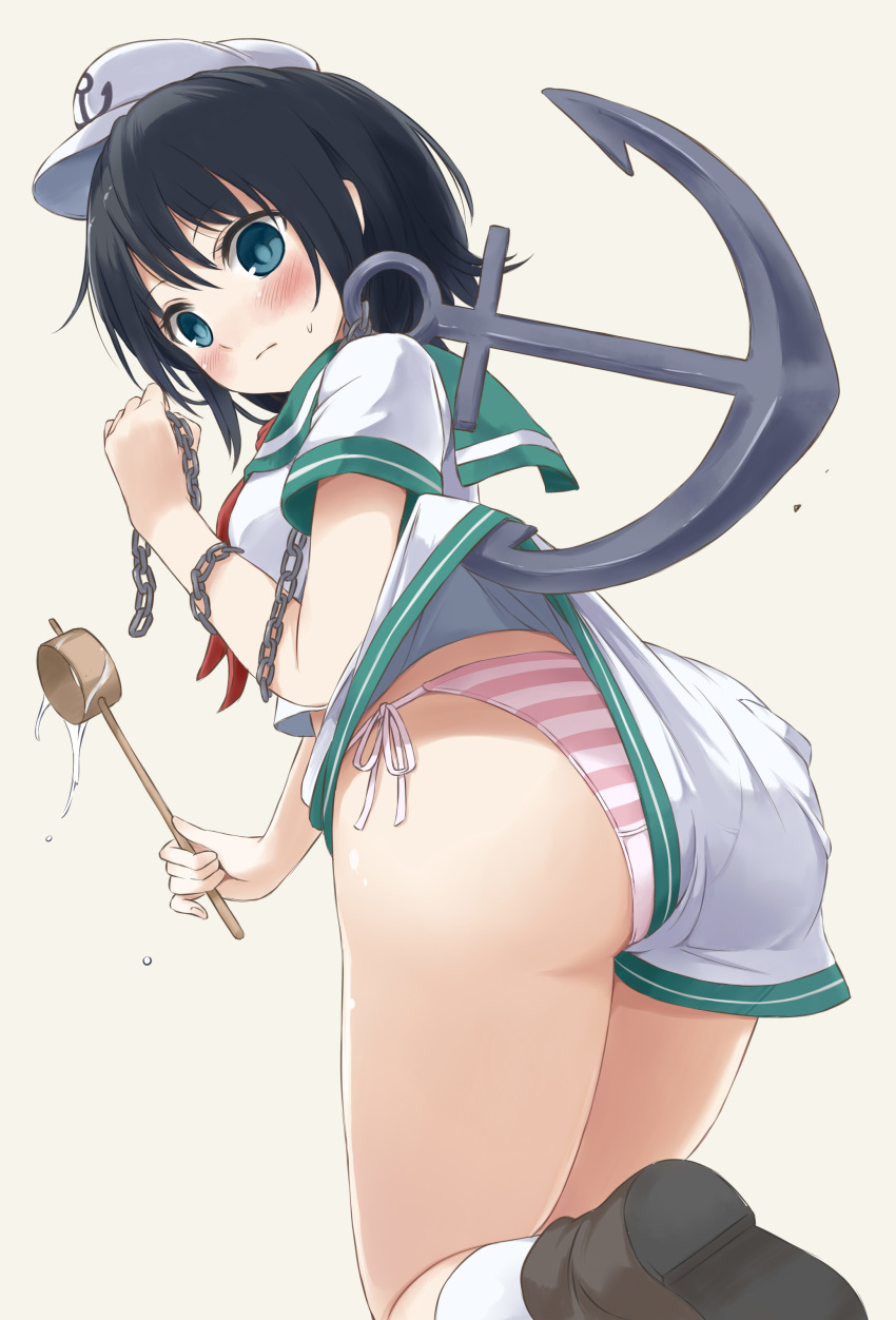 absurdres anchor anchor_symbol ass beige_background black_hair blue_eyes blush breasts brown_footwear chain commentary from_behind hand_up hat highres hishaku holding ladle looking_at_viewer looking_back medium_breasts murasa_minamitsu neckerchief panties panties_under_shorts pink_panties red_neckwear sailor_collar sailor_hat shoe_soles shoes short_sleeves shorts shorts_lift side-tie_panties simple_background socks solo striped striped_panties sweatdrop techi_(techi35499) touhou underwear upshorts water white_hat white_legwear white_shorts