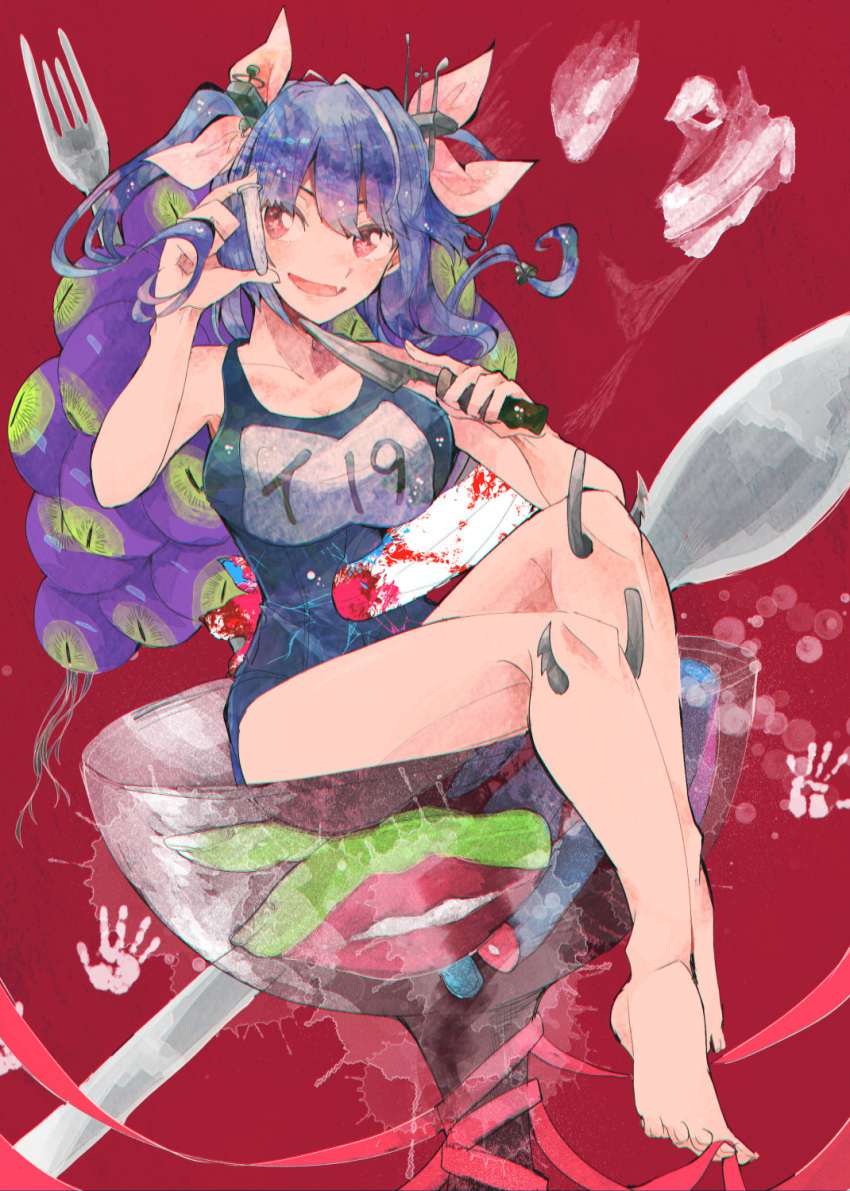 bad_feet blue_hair blush bow breasts fang fishing_hook fork hair_between_eyes hair_ornament highres i-19_(kantai_collection) impaled imprint itomugi-kun kantai_collection knife large_breasts long_hair looking_at_viewer one-piece_swimsuit open_mouth red_background red_eyes school_swimsuit smile solo spoon surreal swimsuit test_tube twintails very_long_hair what