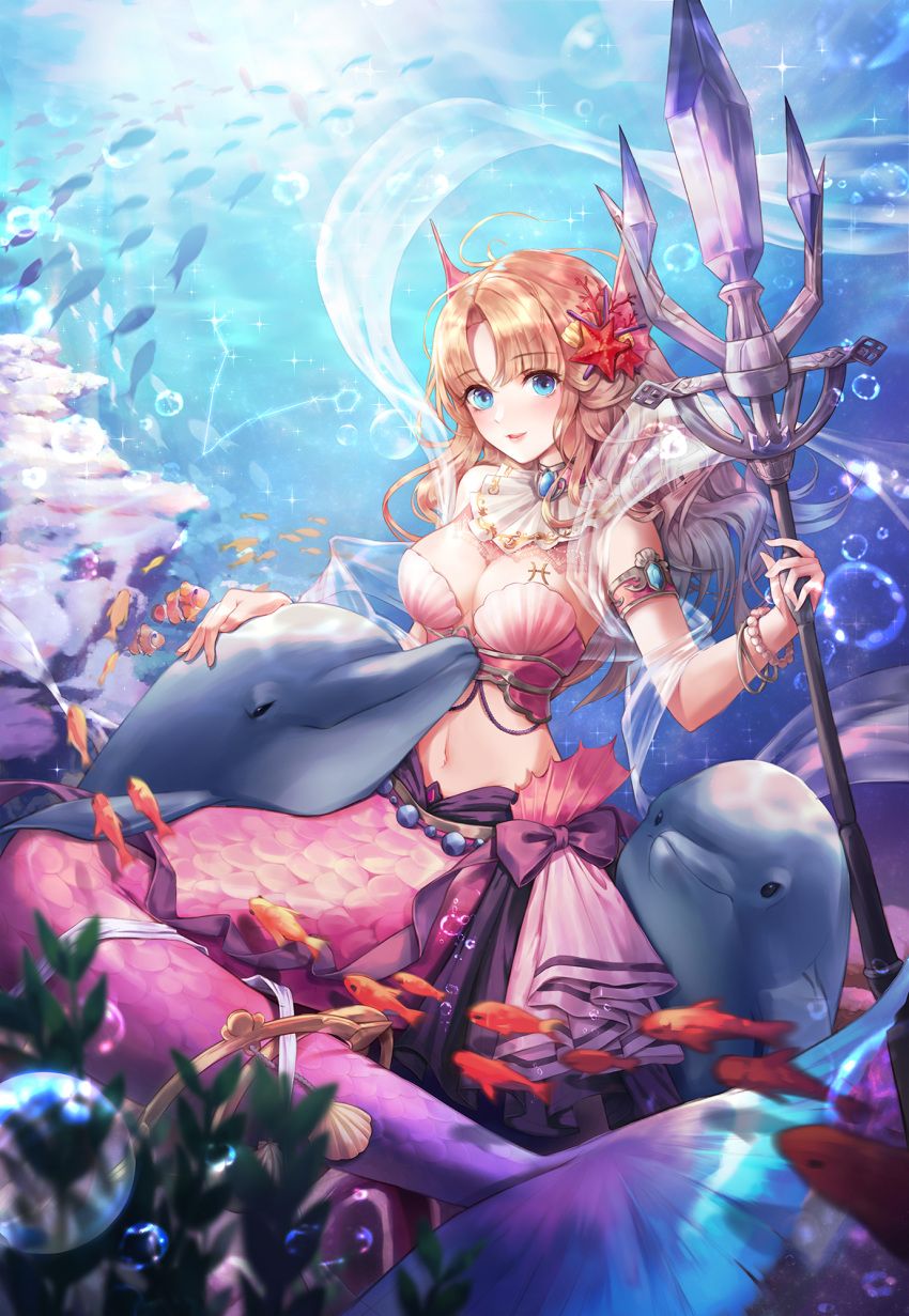 blonde_hair blue_eyes breasts cleavage dolphin eyebrows_visible_through_hair highres holding holding_weapon kone_(user_rcvz8745) large_breasts long_hair mermaid midriff monster_girl navel original parted_lips see-through shell shell_bikini solo starfish_hair_ornament stomach underwater weapon