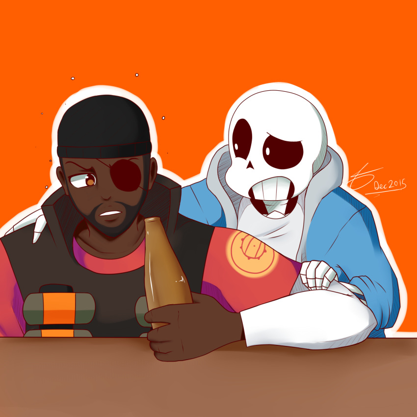 2015 alcohol animated_skeleton anthro anthrofied beanie beard beer beverage bone bottle clothing crossover demoman_(team_fortress_2) drunk duo explosives eye_patch eyewear facial_hair grenade hat hi_res holding_bottle holding_object hoodie male not_furry sans_(undertale) skeleton team_fortress_2 trandafilov undead undertale valve video_games weapon