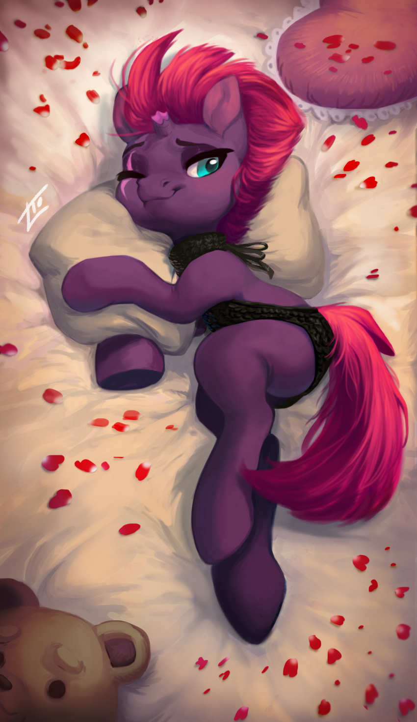 &lt;3 2018 bed blush broken_horn butt clothed clothing cute equine eye_scar eyebrows eyelashes female feral fizzlepop_berrytwist_(mlp) flower_petals hair hooves horn inside locksto looking_at_viewer lying mammal my_little_pony my_little_pony_the_movie on_bed one_eye_closed petals pillow pink_hair rose_petals scar short_hair signature smile solo sweater teal_eyes teddy_bear tempest_shadow_(mlp) underhoof unicorn virgin_killer_sweater