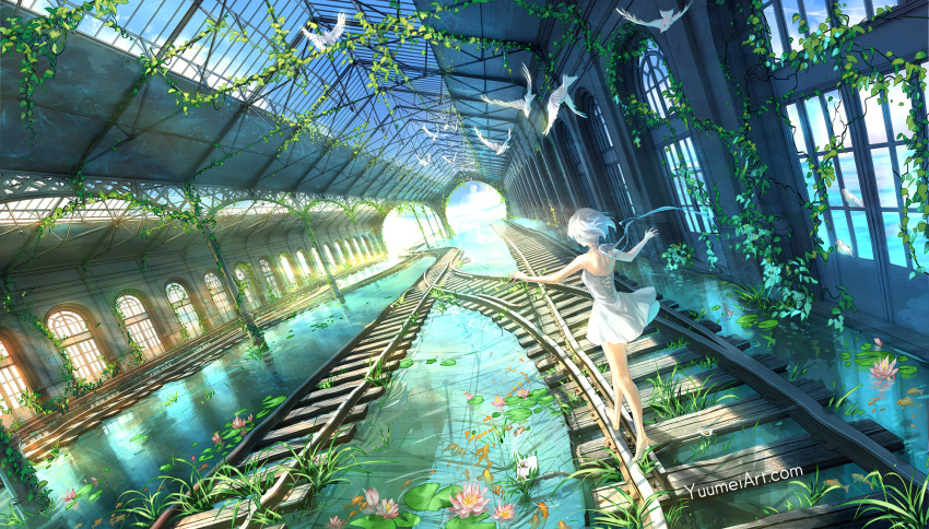 back balancing bare_shoulders bird day dove dress facing_away fish flower from_behind highres light_rays lotus ocean original outdoors outstretched_arms plant railroad_tracks reflection ruins short_dress short_hair solo spread_arms standing train_station walking water_surface watermark web_address wenqing_yan white_dress white_hair