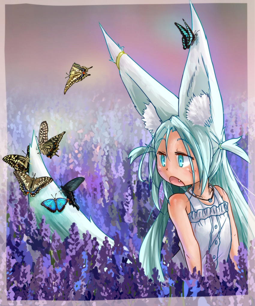 :o animal_ears bare_arms bare_shoulders blue_eyes blue_hair bug butterfly butterfly_on_tail child commentary_request doitsuken dress earrings eyebrows_visible_through_hair fang field flower flower_field fox_ears fox_girl fox_tail highres insect jewelry lavender_(flower) looking_away looking_back necklace open_mouth original solo sundress tail