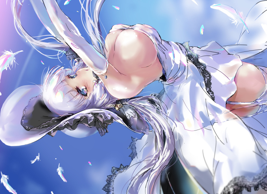 ass azur_lane bangs blue_eyes breasts commentary_request dress elbow_gloves eyebrows_visible_through_hair feathers frills garter_straps gloves hair_ribbon hat illustrious_(azur_lane) lace large_breasts low_ponytail matsukura_nemu ponytail ribbon sidelocks strapless strapless_dress sun_hat tress_ribbon tri_tails white_dress white_gloves white_hair white_hat white_legwear