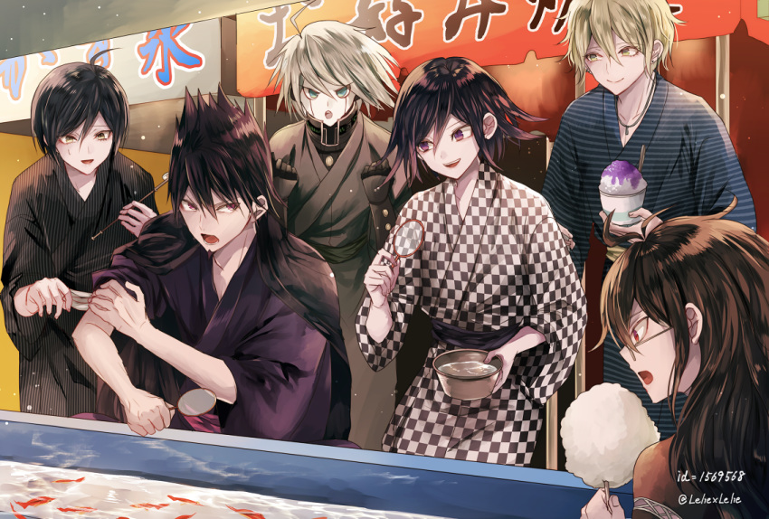 :d :o adapted_costume ahoge amami_rantarou android antenna_hair aqua_eyes beard black_hair black_jacket black_kimono blonde_hair blue_kimono brown_eyes brown_hair checkered checkered_kimono clenched_hands closed_mouth cotton_candy danganronpa earrings facial_hair festival fish food glasses gokuhara_gonta goldfish goldfish_scooping green_eyes green_hair grey_kimono hair_between_eyes holding holding_food jacket jacket_on_shoulders japanese_clothes jewelry keebo kimono leaning_forward long_sleeves looking_at_viewer male_focus momota_kaito multiple_boys necklace new_danganronpa_v3 open_mouth ouma_kokichi outdoors pinstripe_pattern pixiv_id poi_(goldfish_scoop) profile purple_eyes red_eyes saihara_shuuichi sash shaved_ice silver_hair smile spiked_hair spoon standing striped stud_earrings sweatdrop sweets twitter_username unmoving_pattern upper_body vertical-striped_kimono vertical_stripes water wide_sleeves yukata z-epto_(chat-noir86)