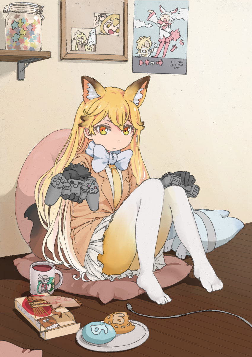alpaca_suri_(kemono_friends) animal_ears black_gloves blonde_hair bow bowtie commentary_request controller cup ezo_red_fox_(kemono_friends) food fox_ears fox_tail fur_trim game_controller gloves highres jacket japanese_crested_ibis_(kemono_friends) japari_bun kaban_(kemono_friends) kemono_friends long_hair looking_at_viewer lucky_beast_(kemono_friends) mug necktie no_shoes orange_eyes pantyhose photo_(object) plate pleated_skirt pocky red_hair serval_(kemono_friends) sitting_on_pillow skirt solo tail ueki_yuma