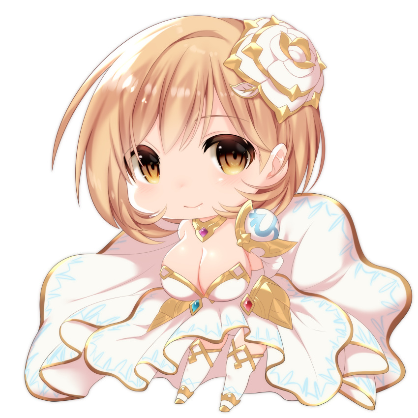 bangs blush breasts brown_eyes chibi cleavage closed_mouth commentary_request cosplay djeeta_(granblue_fantasy) dress eyebrows_visible_through_hair flower granblue_fantasy hair_between_eyes hair_flower hair_ornament highres large_breasts light_brown_hair looking_at_viewer mofuaki rose simple_background smile solo strapless strapless_dress the_glory the_glory_(cosplay) thighhighs white_background white_dress white_flower white_legwear white_rose