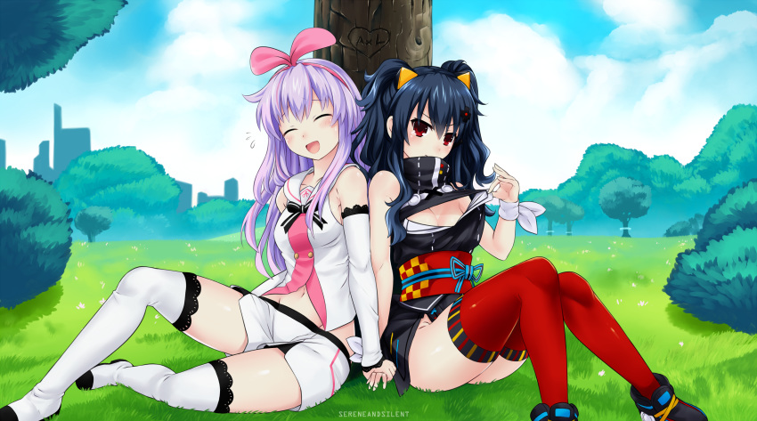 :o a.i._channel artist_name bangs bare_shoulders black_dress black_hair blush bow breasts cleavage closed_eyes closed_mouth collarbone cosplay day dress forest full_body hair_ornament hair_ribbon hairband highres holding_hands japanese_clothes kaguya_luna kaguya_luna_(character) kaguya_luna_(character)_(cosplay) kimono kizuna_ai kizuna_ai_(cosplay) long_hair looking_at_viewer medium_breasts multiple_girls nature navel nepgear neptune_(series) open_mouth outdoors purple_hair red_eyes ribbon sereneandsilent shoes short_shorts shorts sitting sky smile tears thighhighs thighs tongue tree uni_(choujigen_game_neptune) virtual_youtuber yuri zettai_ryouiki
