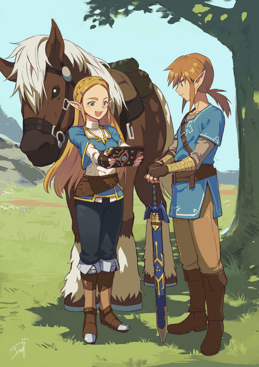 1girl :d belt black_gloves black_pants blonde_hair blue_eyes blue_shirt blue_sky blush boots braid brown_eyes brown_footwear brown_gloves brown_hair brown_pants closed_mouth corset crown_braid day field fingerless_gloves forehead full_body gloves grass green_eyes highres holding holding_sword holding_weapon horse knee_boots layered_sleeves legs_together link long_hair long_sleeves low_ponytail mane master_sword open_mouth outdoors outstretched_arms pants pointy_ears princess_zelda profile shade sheath sheathed sheikah_slate shiny shiny_hair shirt side_slit sidelocks signature sky smile standing straight_hair sword the_legend_of_zelda the_legend_of_zelda:_breath_of_the_wild tight tight_pants tree triforce tugo two-handed very_long_hair weapon