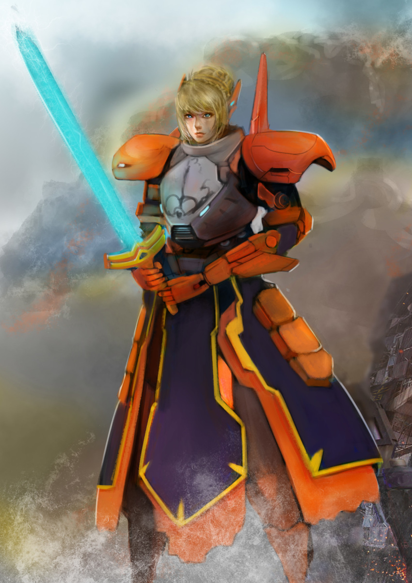 artoria_pendragon_(all) blonde_hair crossover energy_sword fate/stay_night fate_(series) green_eyes highres mecha mecha_musume namesake nurul_hidayat pacific_rim pacific_rim:_uprising saber saber_athena short_hair sword weapon