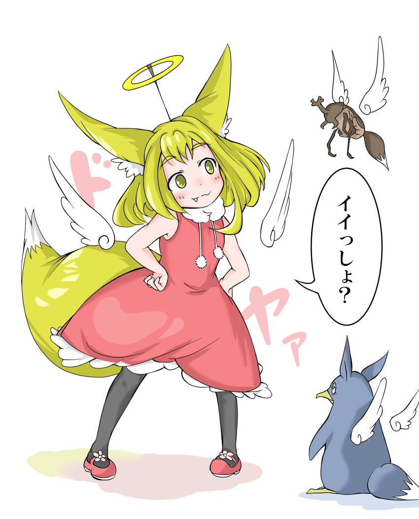:3 absurdres animal animal_ears bangs bird black_legwear blonde_hair blush commentary_request detached_wings doitsuken dress extra_ears eyebrows_visible_through_hair fake_halo fang_out fox_ears fox_tail halo hands_on_hips head_tilt highres original pantyhose penguin red_dress rhinoceros_beetle short_hair smile standing tail translation_request wings