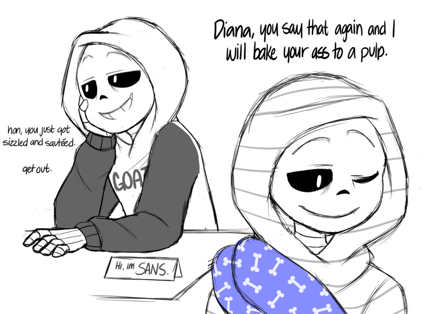 alternate_universe altertale animated_skeleton bedding blanket bone clothed clothing english_text friisans hoodie name_sign not_furry sans_(undertale) skeleton smile text undead undertale video_games