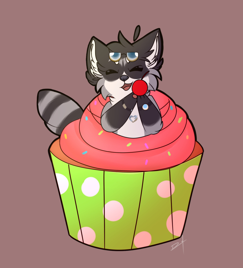 bracelet cherry cupcake cute eyewear fluffy food fruit happy hoak_(artist) jewelry mammal necklace procyonid raccoon simple_background smile sunglasses tervos_(character) watch