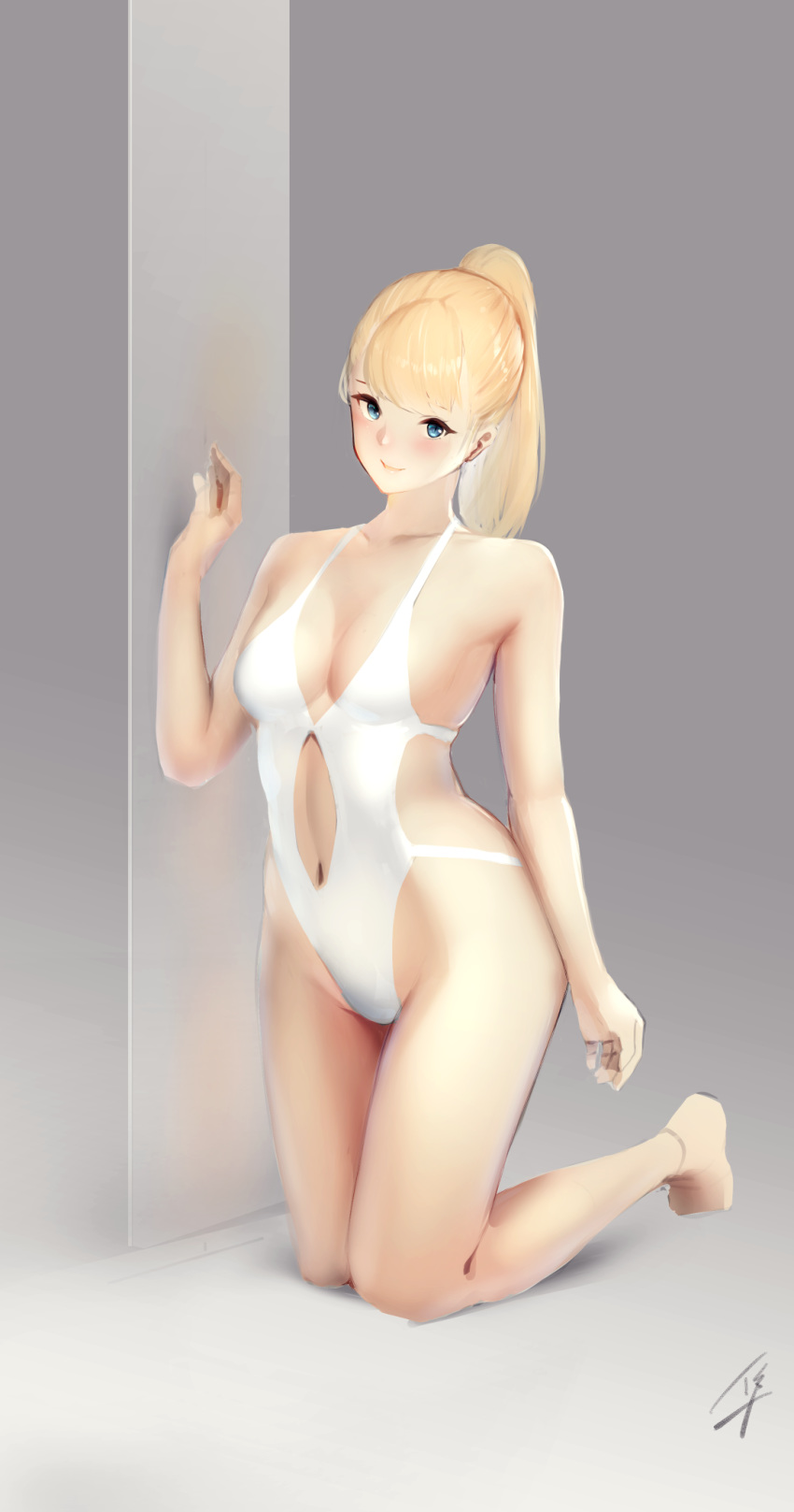 bare_shoulders barefoot blonde_hair blue_eyes blush breasts cleavage collarbone hayabusa highres kneeling long_hair looking_at_viewer medium_breasts navel one-piece_swimsuit original ponytail smile solo swimsuit white_swimsuit