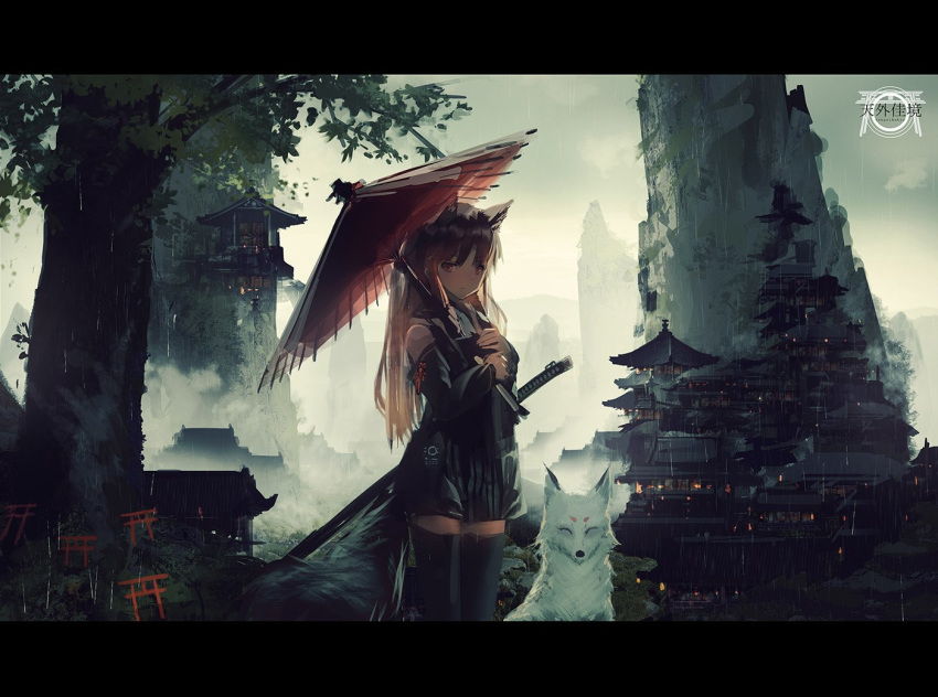 animal_ears bare_shoulders black_legwear black_skirt brown_hair closed_mouth commentary_request detached_sleeves fox fox_ears fox_tail holding holding_umbrella inabi katana letterboxed long_hair long_sleeves looking_at_viewer oriental_umbrella original outdoors pleated_skirt rain red_eyes scabbard sheath shrine skirt solo standing sword tail thighhighs torii tree umbrella weapon