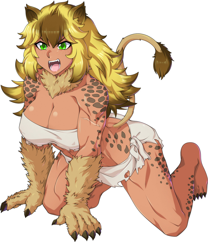 aeode all_fours animal_ears animal_print barefoot blonde_hair borrowed_character breasts brown_hair claws cleavage commentary commission dark_skin english_commentary eyebrows_visible_through_hair full_body fur green_eyes highres large_breasts leopard_print lion_ears lion_tail long_hair messy_hair monster_girl multicolored_hair muscle muscular_female original paws solo spike_wible strapless tail tail_raised thick_thighs thighs transparent_background tubetop two-tone_hair